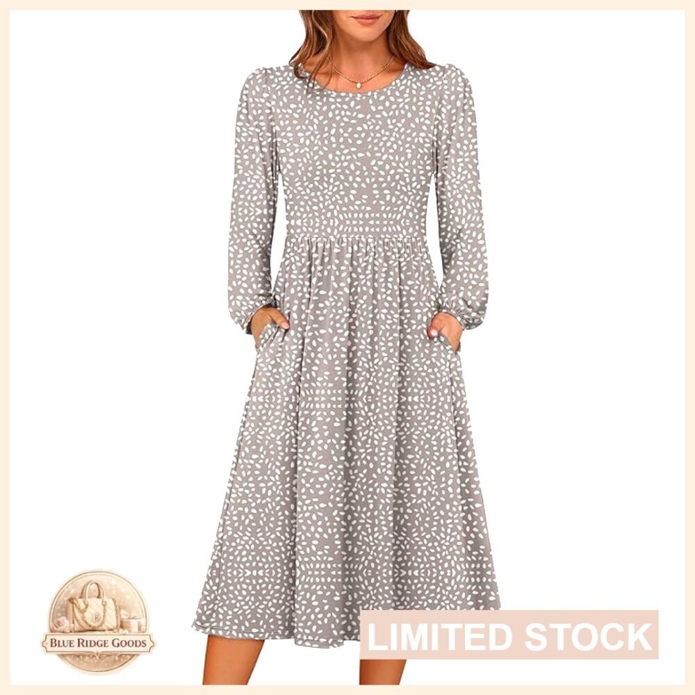 Long Sleeve Midi Dress Flowy A-Line Casual Elegant Fall Fashion with Pocket - Picture 1 of 7